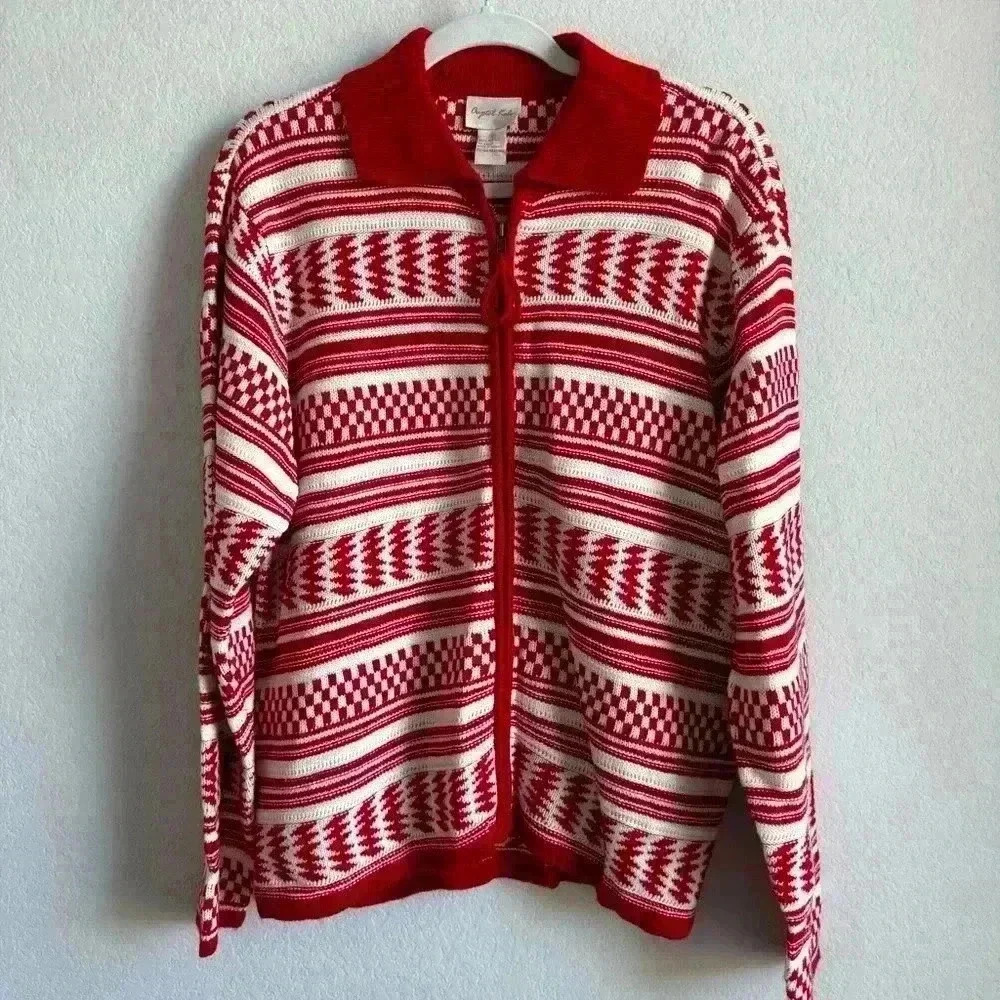 Crystal Kobe Zip Up Sweater Large Red And White‎ Winter Warm Cardigan Ski Casual